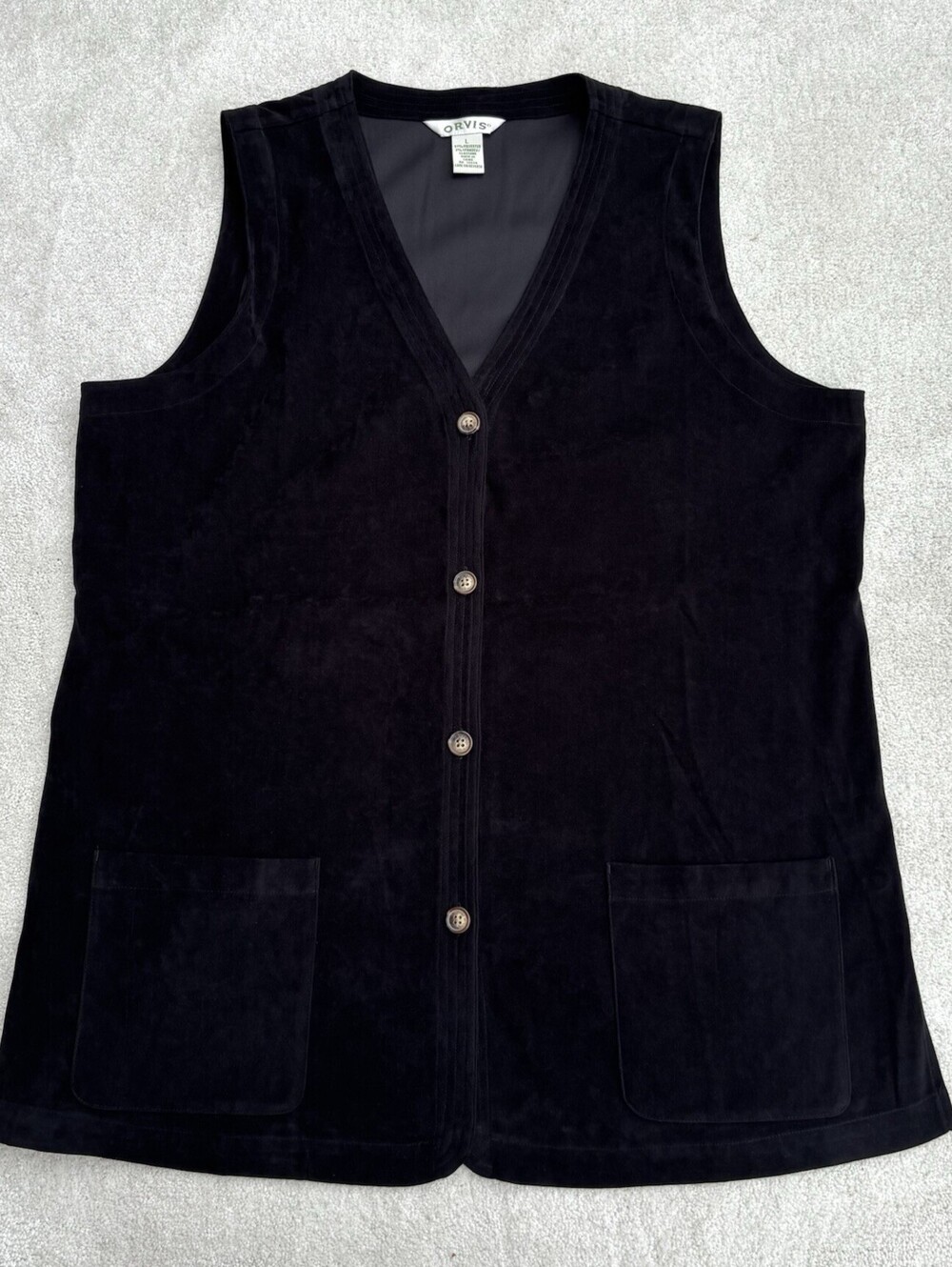 Orvis Black Velvety Faux Suede Button Down Midi Vest With Pockets
